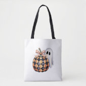 可愛不気味い幽霊ピークハロウィーンTシャツ、チェクレア トートバッグ (正面)