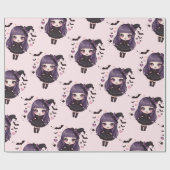 可愛不気味い紫ピンクの魔女の子柄 ラッピングペーパー (フラット)