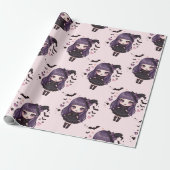 可愛不気味い紫ピンクの魔女の子柄 ラッピングペーパー (アンロールド)