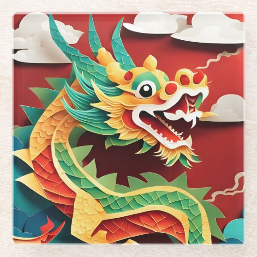 可愛中国のい新年ドラゴン〔占星術の〕十二宮図誕生日GlSC1 ガラスコースター (正面)