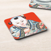 可愛中国のい笑い幸運の仏像を赤で コースター (左側)