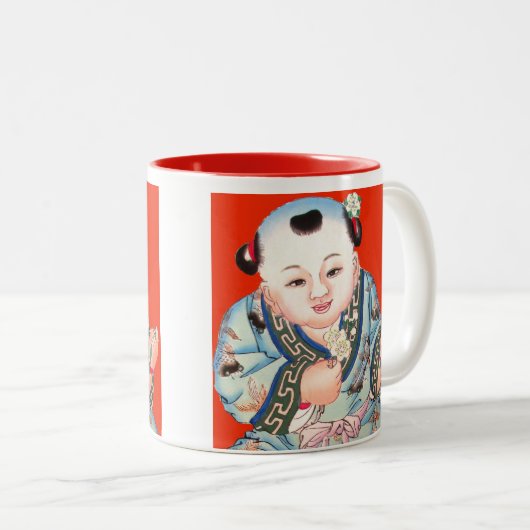 可愛中国のい笑い幸運の仏像を赤で ツートーンマグカップ (正面右)
