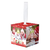 可愛信じいクリスマスタイポグラフィ4写真 キューブオーナメント (正面アングル)