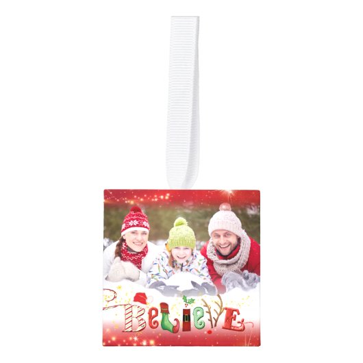 可愛信じいクリスマスタイポグラフィ4写真 キューブオーナメント (正面)