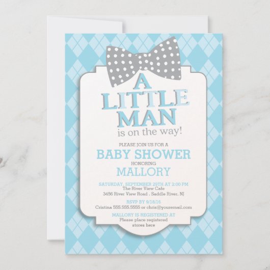 可愛名門私立校風のいバウアーガイルタイ小さな男の赤ちゃんシャワー 招待状 (正面)