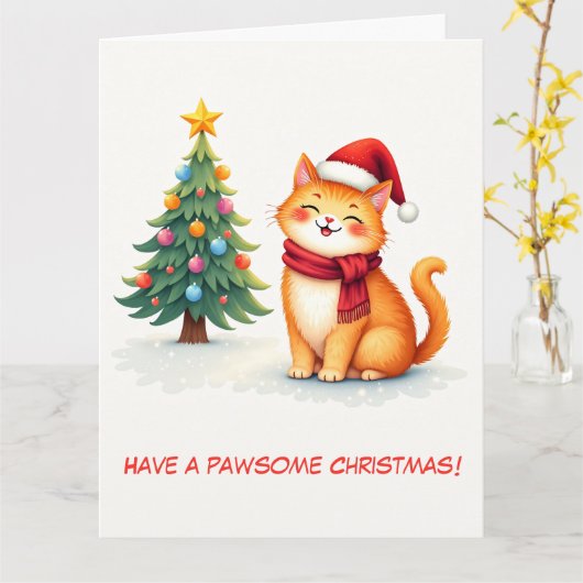 可愛図解入りの、写真付きのいオレンジ猫とクリスマスツリー カード (黄色い花)
