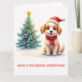 可愛図解入りの、写真付きのい子犬とクリスマスツリー カード