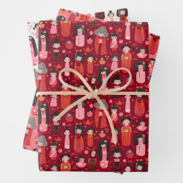 可愛図解入りの、写真付きのい日本のこけしセット ラッピングペーパーシート