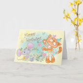 可愛図解入りの、写真付きのい猫とマウスハッピーバースデー カード (黄色い花)