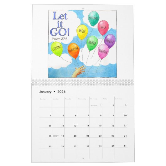 可愛図解入りの、写真付きのい聖句のカスタム カレンダー (1月 2026)