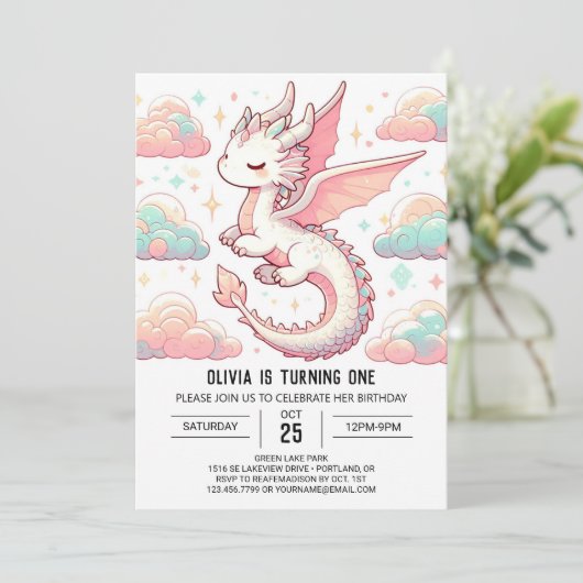 可愛威厳のあるらしいドラゴン1歳の誕生日 招待状 (スタンド正面)