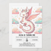 可愛威厳のあるらしいドラゴン1歳の誕生日 招待状 (正面/裏面)