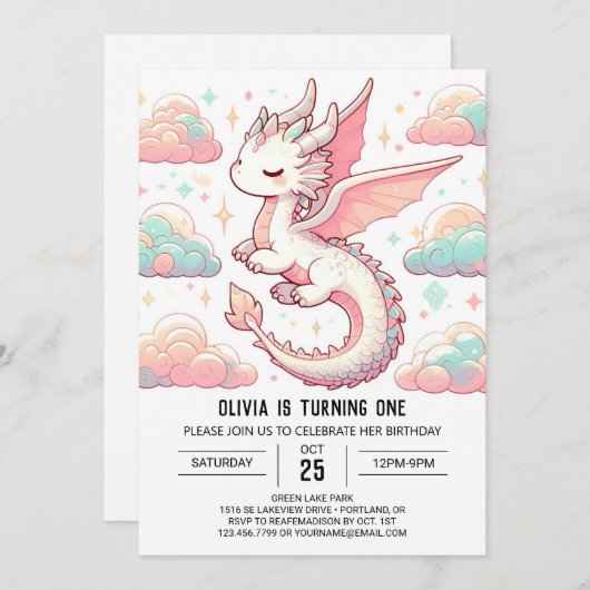 可愛威厳のあるらしいドラゴン1歳の誕生日 招待状 (正面/裏面)