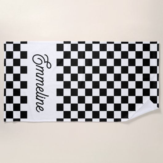 可愛市松模様にい黒白名前をカスタムする ビーチタオル