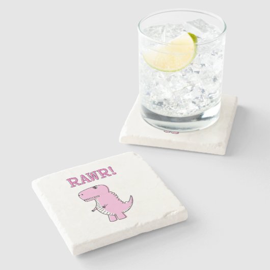 可愛怒いピンクの漫画Tレックス恐竜 ストーンコースター (横)