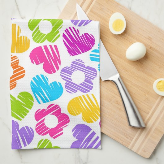 可愛数々のらしい花とハートのガーリー柄 キッチンタオル (四つ折り)