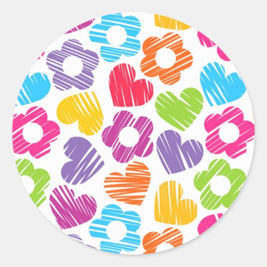 可愛数々のらしい花とハートのガーリー柄 ラウンドシール (正面)