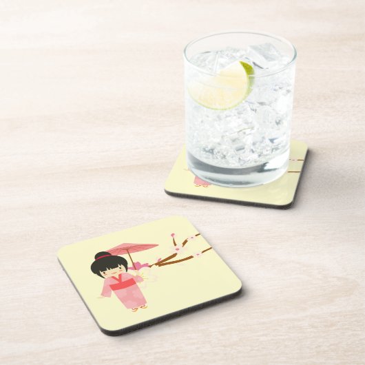 可愛日本のいピンクさくらんぼ花芸者 コースター (右側)