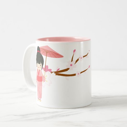 可愛日本のいピンクさくらんぼ花芸者 ツートーンマグカップ (正面左)