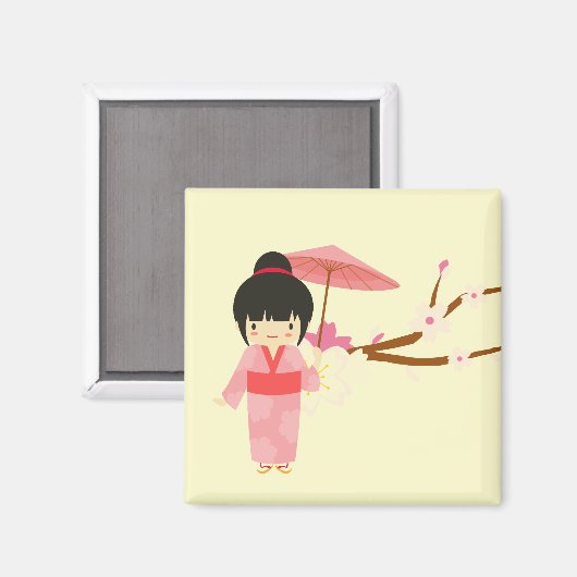 可愛日本のいピンクさくらんぼ花芸者 マグネット (正面/裏面)