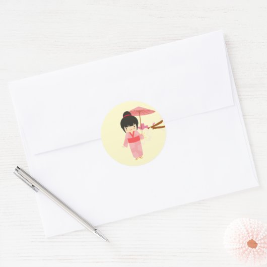 可愛日本のいピンクさくらんぼ花芸者 ラウンドシール (封筒)