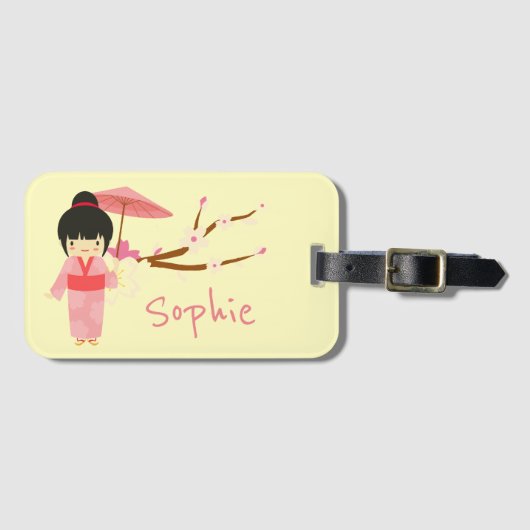 可愛日本のいピンクさくらんぼ花芸者 ラゲッジタグ (正面横)