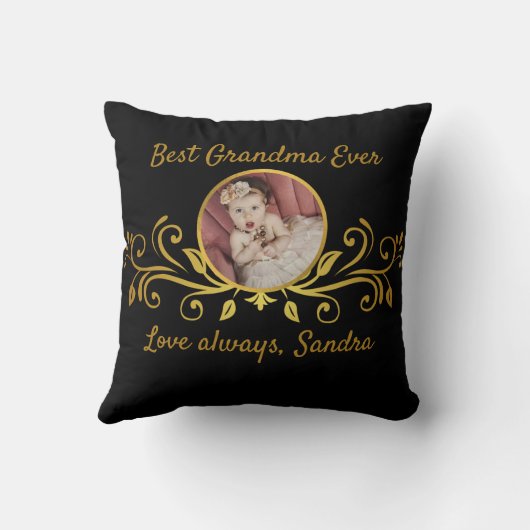 可愛最高のいおばあちゃんの写真ブラック金ゴールドカスタム クッション (裏面)
