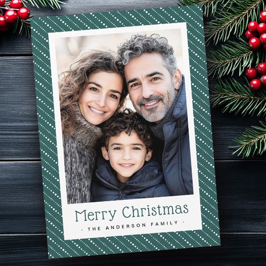 可愛点々のあるいストライプクリスマスの写真グリーン シーズンカード