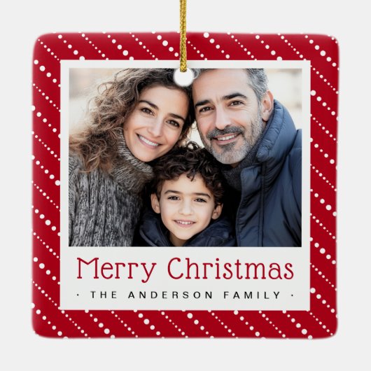 可愛点々のあるいストライプクリスマスの赤い写真 セラミックオーナメント (裏面)