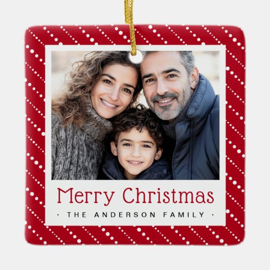 可愛点々のあるいストライプクリスマスの赤い写真 セラミックオーナメント