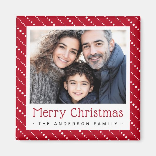 可愛点々のあるいストライプクリスマスの赤い写真 マグネット (正面)