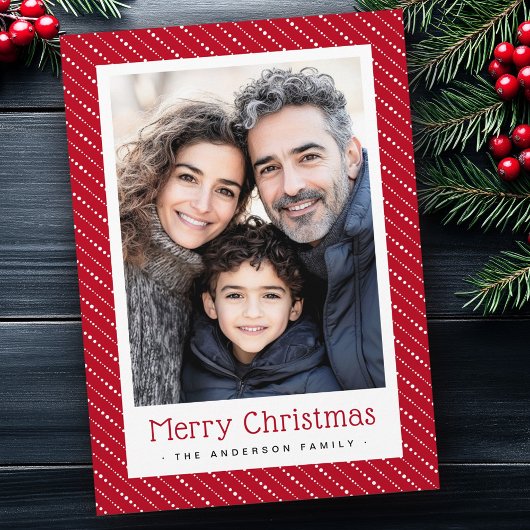 可愛点々のあるいストライプクリスマス写真赤 シーズンカード