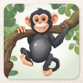 可愛熱狂するいおもしろいチンパンジー スクエアペーパーコースター (正面)