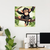 可愛熱狂するいおもしろいチンパンジー ポスター (ホームオフィス)