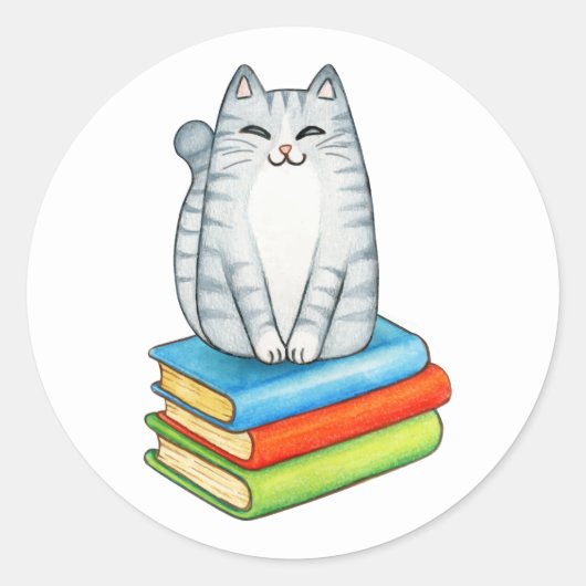 可愛熱狂するい猫の女の子の本読愛好家 ラウンドシール (正面)