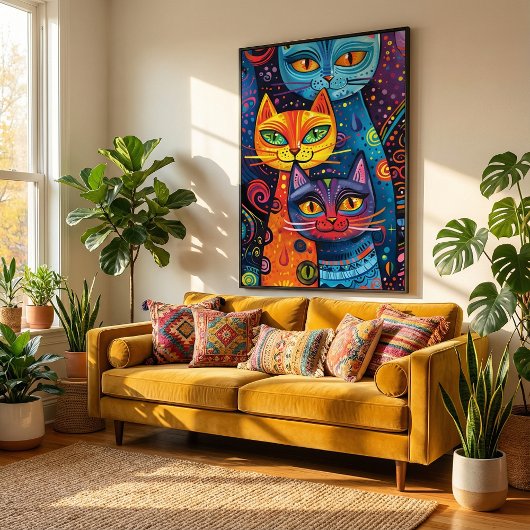 可愛熱狂するい猫：明るいドードル漫画のバナー ポスター