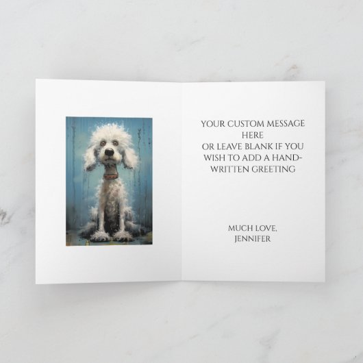可愛熱狂するい白おっちょこちょいの抽象芸術プードル犬 カード (内部)