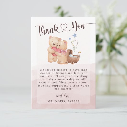 可愛男女兼用いクマの水彩赤ちゃんシャワー サンキューカード (スタンド正面)