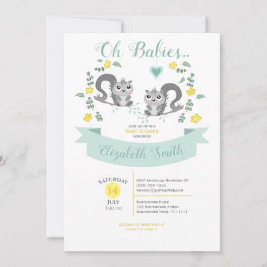 可愛男女兼用いリスのバイシャワー 招待状 (正面)