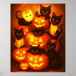可愛白熱［赤熱］光を放つい黒猫ポストのハロウィーンカボチャ ポスター