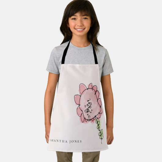 可愛素朴いキッド描赤面ピンク水色の花 エプロン (インサイチュ)