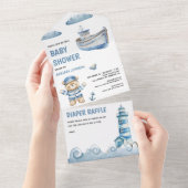 可愛素朴いテディベア航海のボートベビーシャワー オールインワン招待状 (貼ってはがせる)