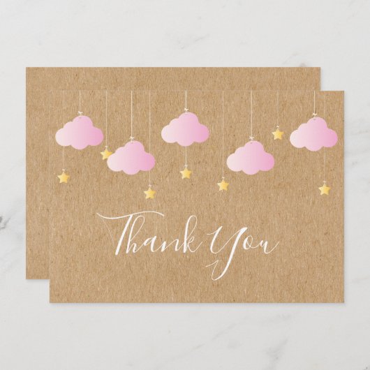 可愛素朴いピンクの雲金ゴールド星ありがとう サンキューカード (正面/裏面)