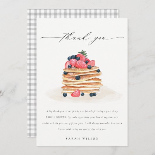 可愛素朴いフルーツパンケーキ水彩ブライダルシャワー サンキューカード (正面/裏面)