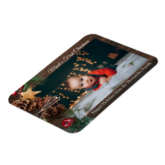 可愛素朴いベビーの初めてのクリスマスホリデーフォト マグネット (左側)