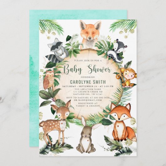 可愛素朴い緑の森の動物の赤ちゃんシャワー 招待状 (正面/裏面)