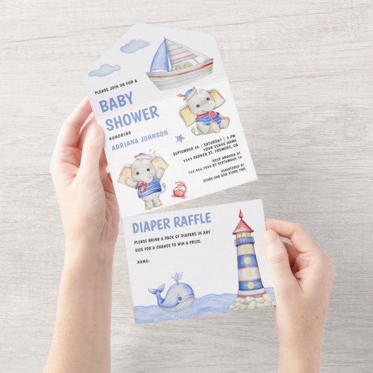 可愛素朴い象航海の舟の赤ちゃんシャワー オールインワン招待状 (貼ってはがせる)