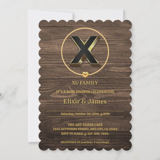 可愛素朴い金ゴールドハートモノグラムファミリーベイビーシャワー 招待状 (正面)