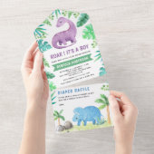 可愛素朴い青と紫の恐竜の赤ちゃんシャワー オールインワン招待状 (貼ってはがせる)