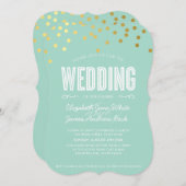 可愛結婚い金ゴールドフォイル紙吹雪パステルはっきりしたミント 招待状 (正面/裏面)